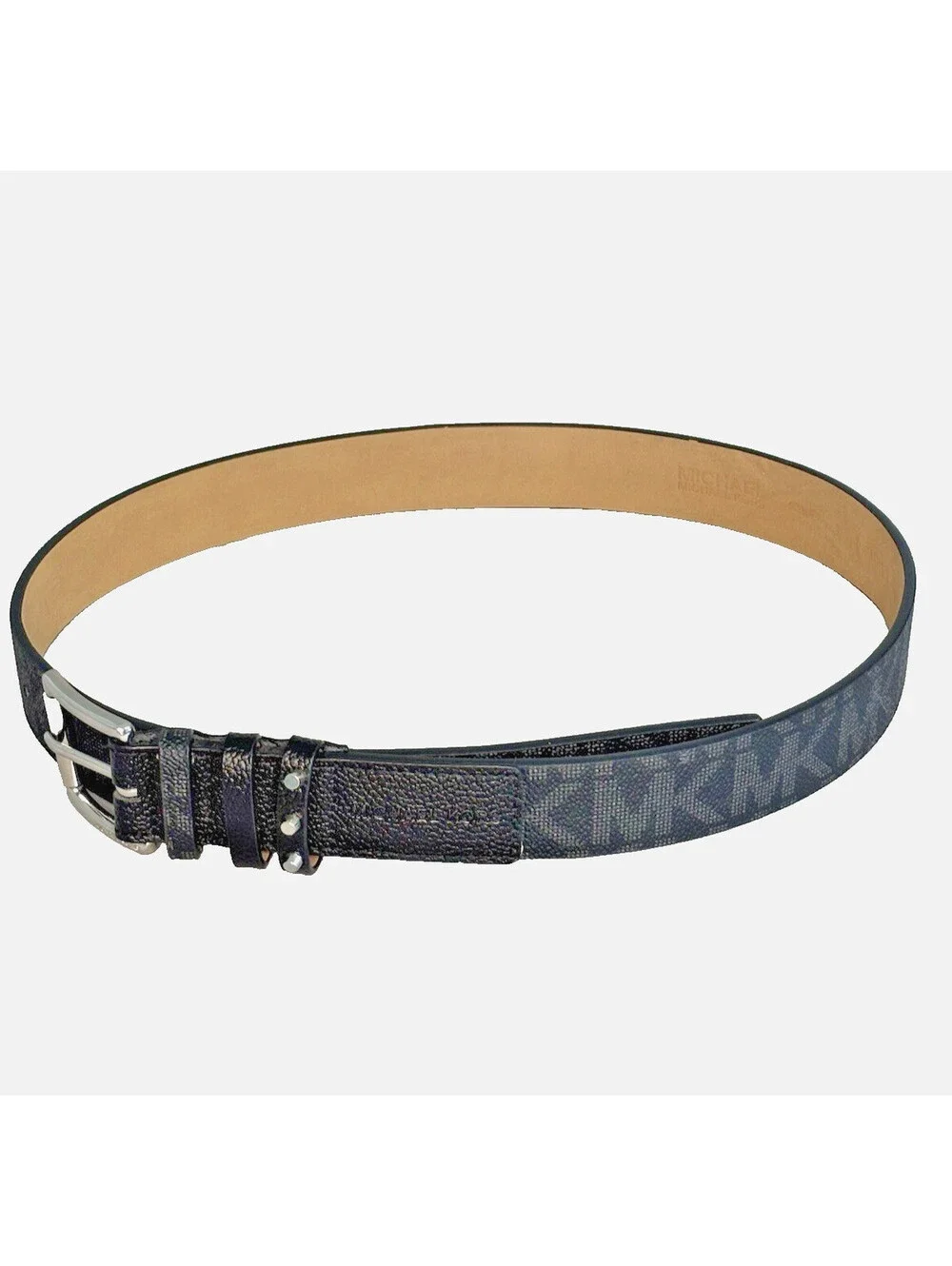 Michael Kors MK Luggage Logo Black Monogram Belt Silver Stud Buckle 37